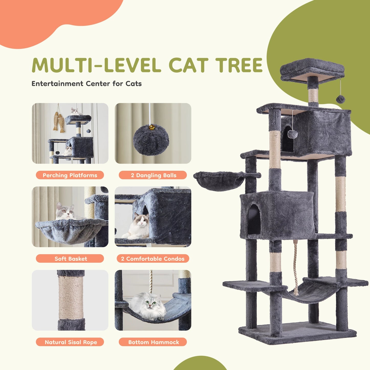 JHK Cat Tree Tower 66 Inch Climbing Tower