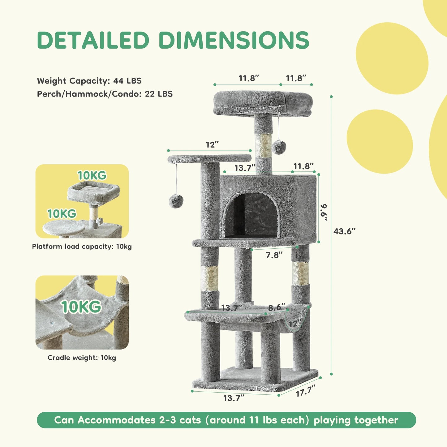 JHK 44In Cat Tree Tall Multi-Cat Climbing Tower